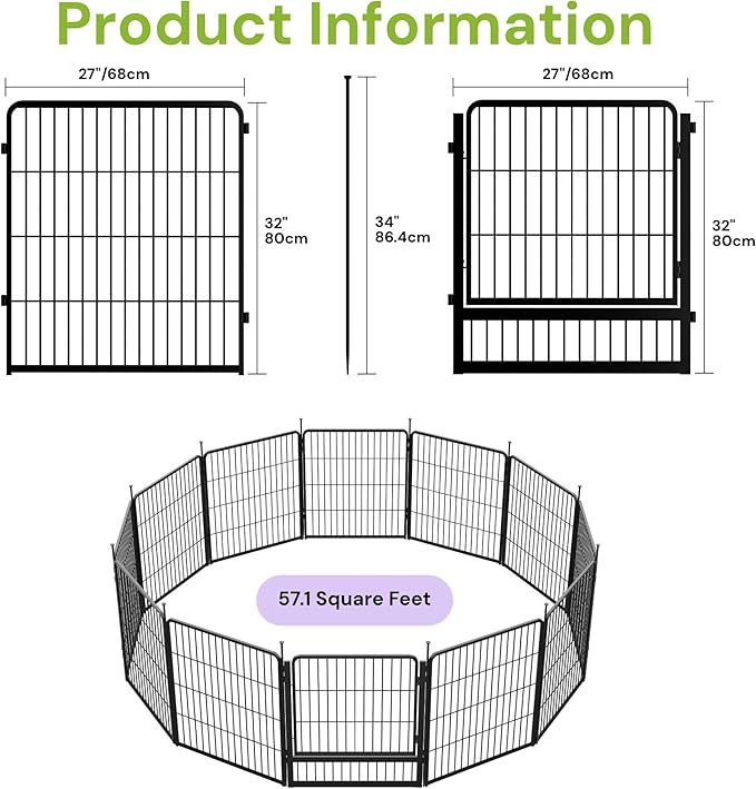 SunsGrove Garden Fence with Gate, 32 in(H) x 26.8 ft(L) 12 Panels Heavy Duty Metal Animal Barrier Fence for Yard, Suitable for Indoor or Outdoor Dog Pet Fence, Garden Fence Border, Black