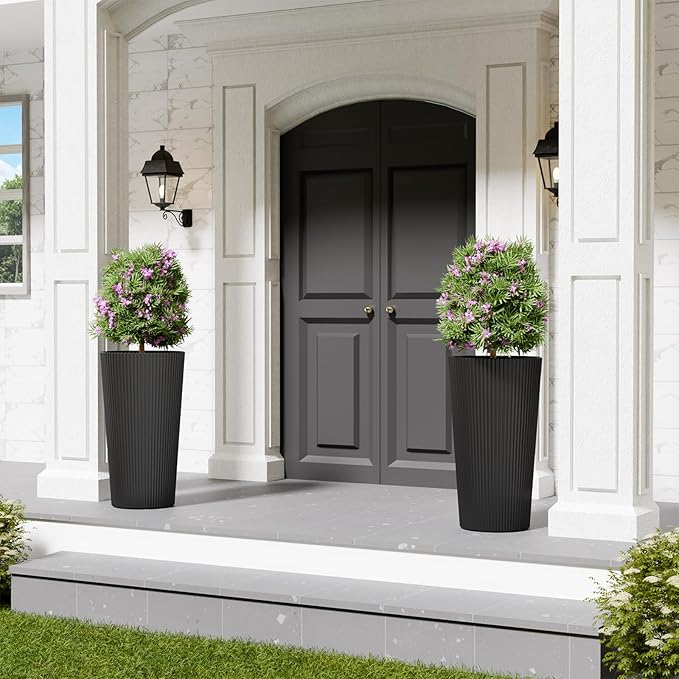 Tall Outdoor Planter Front Porch Decor Set of 2-23.6" H Tall Planters for Outdoor Plants with Drainage Hole, Round Conical Design Flower Pots for Indoor/Patio/Garden, Black