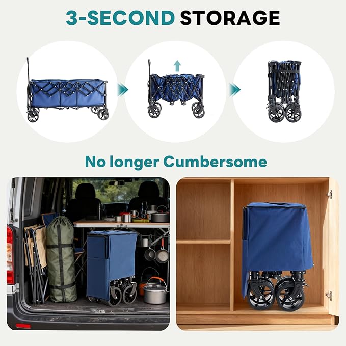 NEWBULIG Collapsible Wagon Cart - 440lbs Foldable Extra Long Heavy Duty Utility Wagon with Wheels, Portable Storage Grocery Cart for Camping, Shopping, Sports, Beach, Garden
