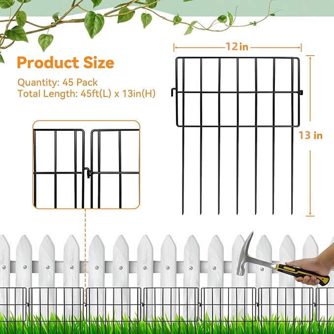 45 Pack Animal Barrier Fence No Dig Garden Defense, 45ft(L) x 13in(H) Rabbit Proof Garden Fencing with 1.2in Gaps, Metal Rabbit Fence, Dog Blocker Under Barriers for Flower Beds & Patio