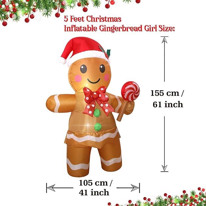 Christmas Inflatables Gingerbread Man Girl Lighted Yard Lawn Inflatable Decoration with Built-in Fan and Stakes Ropes Holiday Party Decor, Christmas Decor (5FT-Gingerbread Girl Holds Candy)
