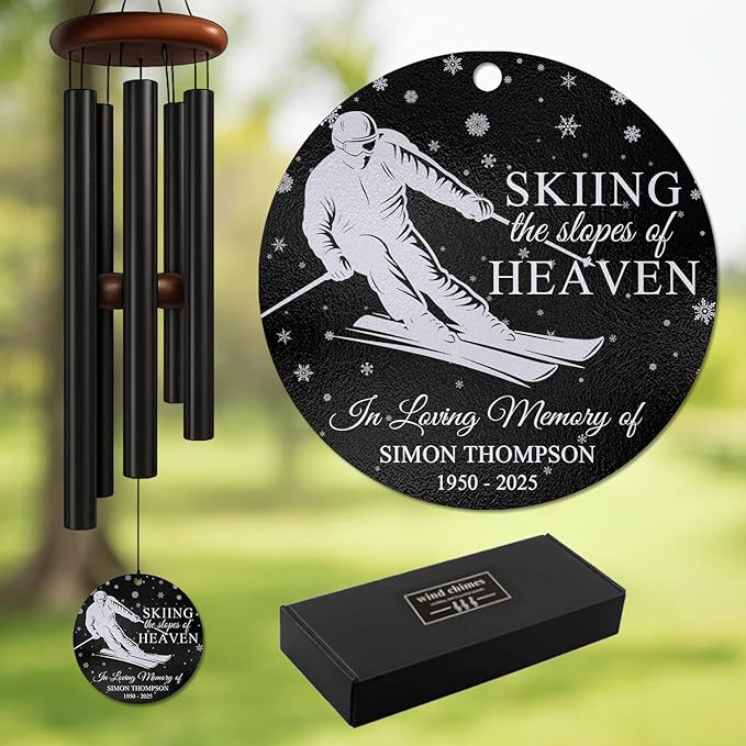 Personalized Skiing Memorial Wind Chime – “Skiing The Slopes of Heaven” Custom Engraved Name & Years – Tribute Gift for Ski Lovers – Windchime for Loss of Loved One – Mountain Remembrance Decor