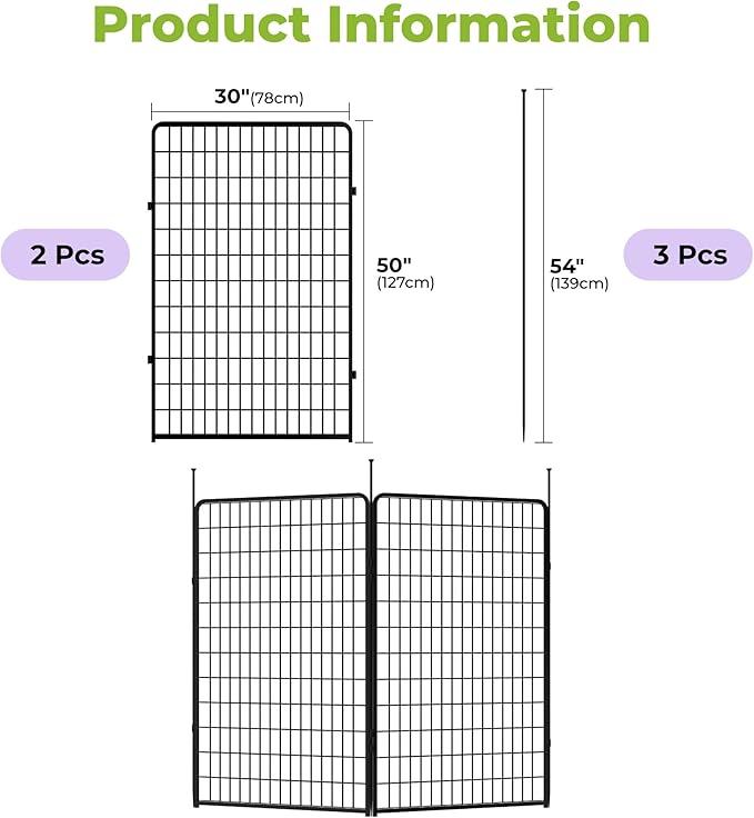 SunsGrove Garden Fence 50 in(H) x 5.1 ft(L) 2 Panels, Heavy Duty Metal Animal Barrier Fence for Dogs, Easy No-Dig Setup, Decorative Dog Fences, Black