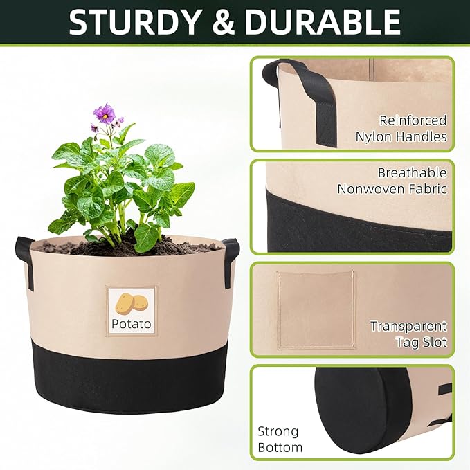 LITLANDSTAR 10 Gallon Fabric Grow Bags, 10 Pack Heavy Duty Thickened Nonwoven Plant Grow Bags with Handles and Label Bags, Fabric Plant Pots for Growing Vegetables Flowers Herbs (Black Mixed Camel)