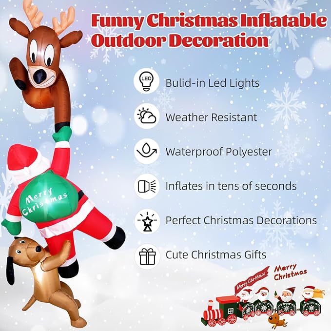 7.5 Ft Christmas Inflatable Outdoor Decoration, Hanging Christmas Inflatables Climbing Santa with Reindeer and Dog, Blow Up Inflatable with Build-in LEDs for Xmas Party Roof Yard Garden Lawn Decor