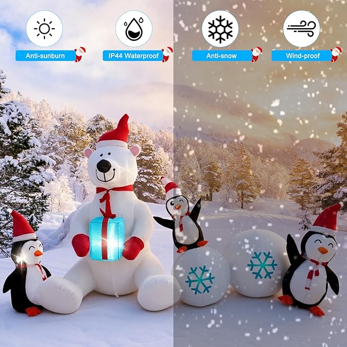 8FT Giant Inflatable Christmas Decorations Cute Polar Bear Penguin Combo，Holiday Decor with LED Lights, Ideal for Outdoor and Indoor Decor for Lawn, Garden, terraces,Xmas Holiday Party New Year