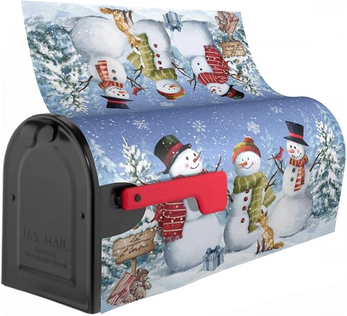 Winter Blue Mailbox Covers Magnetic Standard Size 18 x 21 Inch Snowman Tree Fox Bear Letter Box Cover Outdoor Mail Wraps Cover for Garden Home Yard Decor