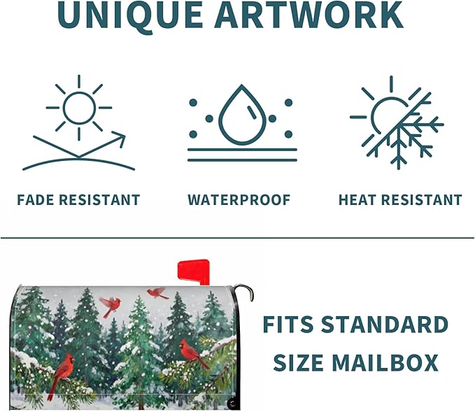 Winter Christmas Large Mailbox Covers Magnetic Oversized Snow Scene Theme Green Red Cardinal Xmas Tree Outdoor Decorative Holiday Seasonal Letter Box Cases for Home Garden Outside Decor, 25.5x21 Inch