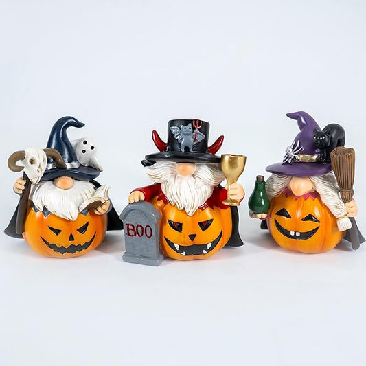 3PCS Halloween Gnomes Figurines Decor Pumpkin Themed Handmade Resin Gnome Halloween Decor Vampire Wizard Witch Gnomes Gifts for Women Home Decor Statue for Tier Tray (Pumpkin)
