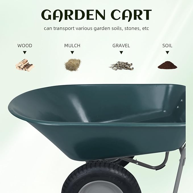 Elevon Wheelbarrow Garden Cart, Heavy Duty Home Utility, Dual-Wheel Home Garden Yard Utility Wheelbarrow Cart with Built-in Stand, Green