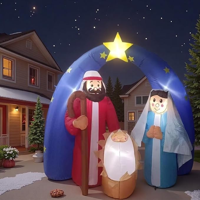 8 FT Christmas Inflatables Santa Claus in Sleigh with Two Reindeer Outdoor Decorations Blow Up Yard Santa Claus with Built-in LEDs (Nativity Scene – Yard Decoration)