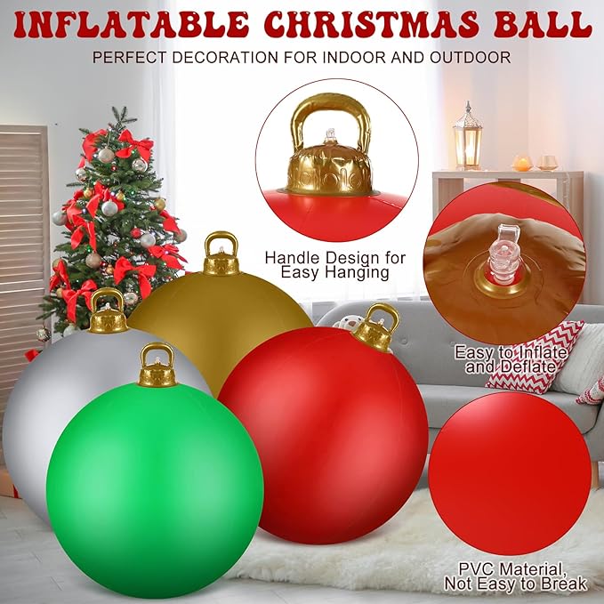 Jetec 10 Pcs 47 Inch Giant PVC Inflatable Christmas Ball Inflatable Ornaments Balls Large Xmas Balls Outdoor Christmas Decorations for Holiday Yard Lawn Porch Blow Up Decor, Multicolor(Simple)
