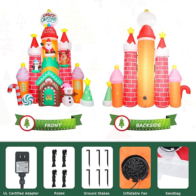 Taman 9.6 FT Christmas Inflatable Decorations Christmas Castle, Outdoor Yard Decorations Built-in Bright RGB Projector Light Blow Up for Yard, Garden,Lawn Outdoor Holiday Yard Decorations