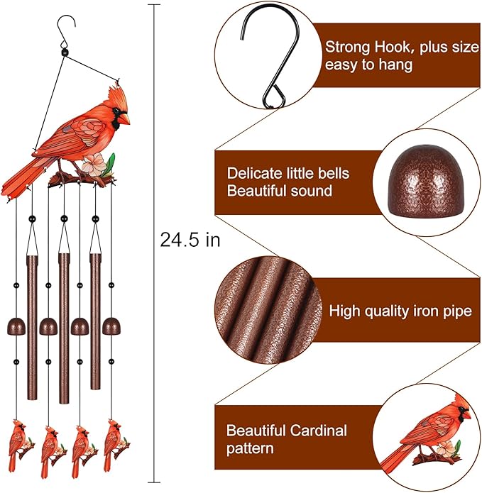 Metal Colorful Cardinal Wind Chimes for Outside to Create a Zen Atmosphere Suitable for Outdoor Garden Patio Home Decor,Melodious Melodic Tones Suitable as A Birthday for Women Mom