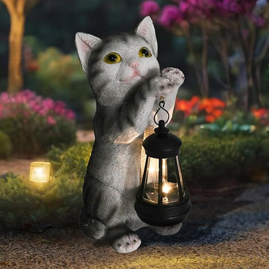 Solar Cat Garden Statue - Outdoor Cat Statues with Lantern Lights for Garden Yard Art Lawn Ornaments Porch Patio Balcony Home House Gardening Gifts for Women Grandma Mom