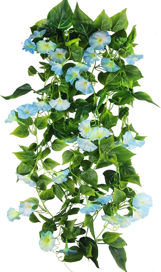 CISDUEO 2 Pcs Artificial Vines for Outdoors Silk Morning Glory Vines 15Feet Hanging Plants Blue Flowers Garland Fake Green Plant Morning Glories for Home Decor Wall Fence Wedding Hanging Baskets