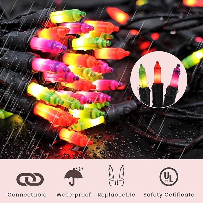 Fall Decorations String Lights– 100 Count Mini Purple Orange & Green Incandescent, 26.5ft Black Wire, UL Listed, Connectable up to 125ft, Christmas Lights for Indoor & Outdoor Home Decor