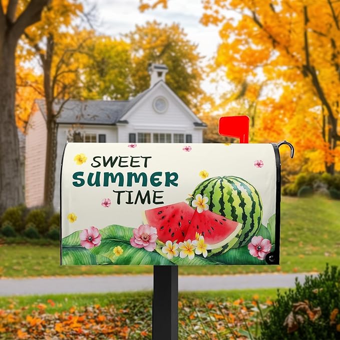 Watermelon Mailbox Cover Summer Sweet Time Mail Box Wraps Summer Mailbox Covers Magnetic Standard Size 21x18 inch Palm Leaf Floral Holiday Decorative Mailboxes for Outdoor Garden Home Decor