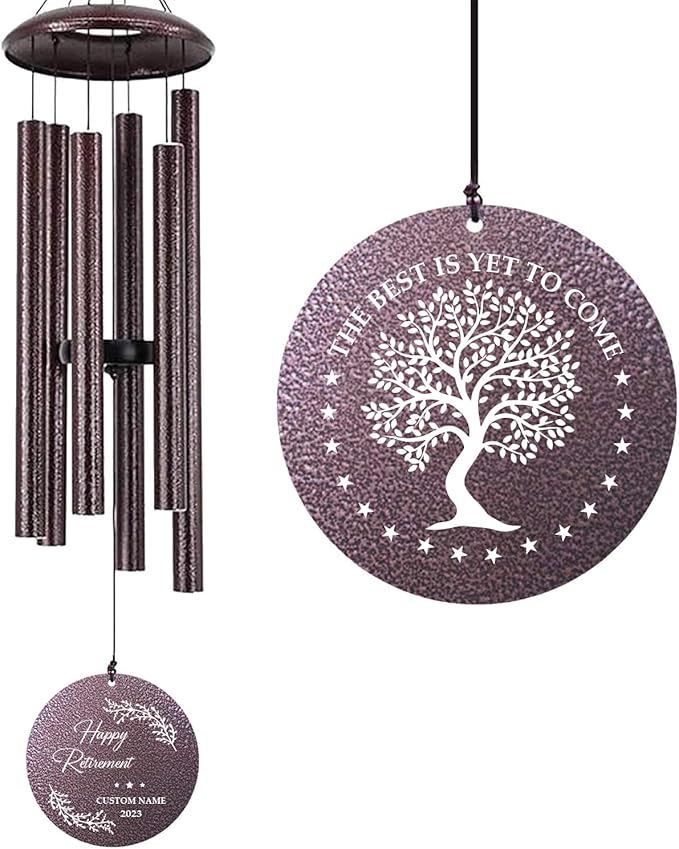 Personalized LifeTree Wind Chimes Deep Tone, Retirement Gifts for Woman/Man, Custom Congratulations Words for Retire, Outdoor Decorative Wind Chimes Metal (Produced in USA)