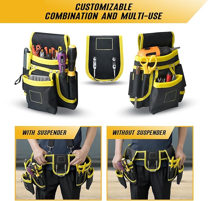 Tool Belts for Men with Suspenders - Magnetic Tool Pouch 26 Pockets Heavy Duty Work Belts - Detachable Adjustable Tool belt Pouch Bag for Electrician, Carpenter, Construction
