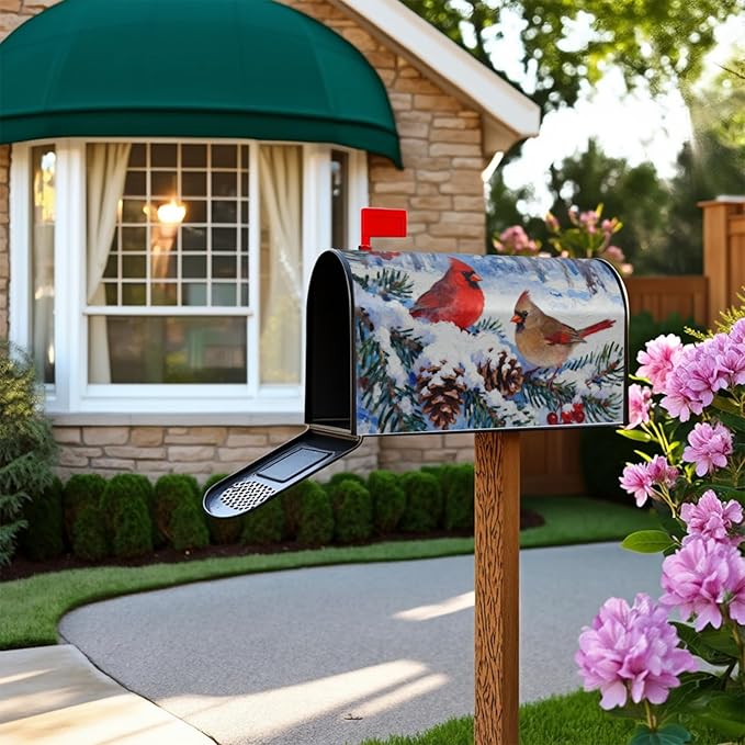 Winter Cardinal Mailbox Covers Magnetic Standard Size Christmas Snow Scene Pinecone Holly Twig Bird Holiday Outdoor Decorative Seasonal Letter Box Cases for Home Garden Outside Decor, 21x18 Inch