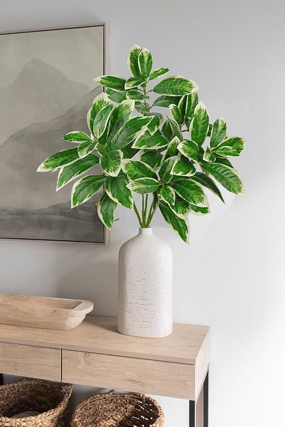 Artificial Greenery Branches 29.9" Faux Leaves Stem for Vase Filler 3pcs Fake Fiddle Plant for Table Centerpiece Home Office Party Wedding Decoration Green and White