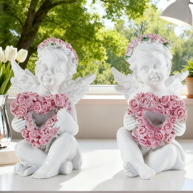 2-Piece Angel Figurines with Rose Heart - Handmade Resin Home Decor, Indoor Outdoor Angel Statues, Desktop Ornaments, Ideal Blessing Gift for Parents & Friends