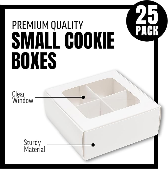 25 pcs White Mini Cookie Boxes with 4 treats Windows and Dividers, Bakery Boxes, 6 x 6 x 2.4 Inches SMALL Baking Boxes, Square Cookies Box Decorating Supplies for Gift Giving