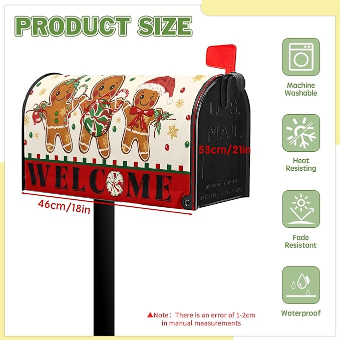 Gingerbread Man Mailbox Covers Merry Christmas Mailbox Wraps Magnetic Standard Size 21x18 inch Welcome Mail Box Cover Outdoor Decor for Garden