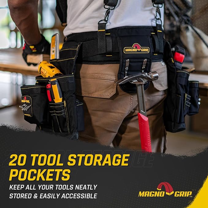 MagnoGrip 20-Pocket Builder’s Tool Rig with Magnetic Storage—Heavy-Duty 1680D Polyester Tool Belt with Padded Suspenders, Rivet Reinforced Stress Points, and Smartphone Holder, Fits Up to 52” Waist.