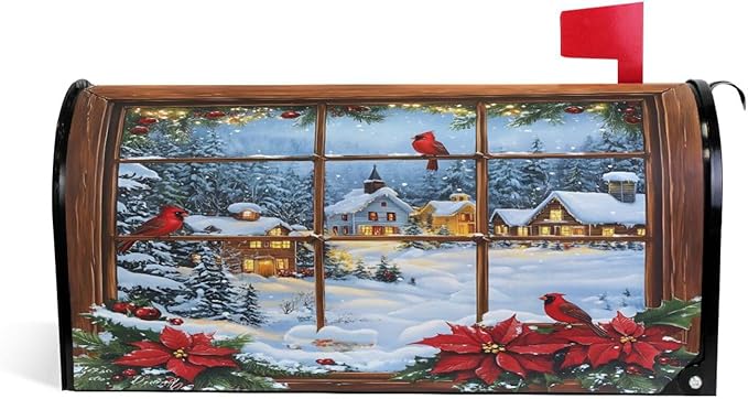 SUABO Mailbox Cover Window Poinsettia Cardinal Oversize Magnetic Mailbox Covers Wraps for Christmas Home Yard Garden Decor
