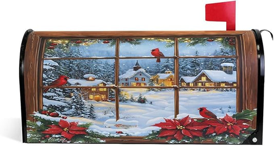 SUABO Mailbox Cover Window Poinsettia Cardinal Standard Magnetic Mailbox Covers Wraps for Christmas Home Yard Garden Decor