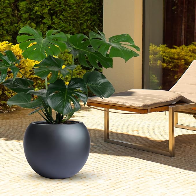 9.7" H x 12" D Globo Fiberstone Round Planter - Christmas Tree Planter, Smooth Finishes, Weather Resistant for Indoor & Outdoor Use, Included 2 Extra Coco Mats (Black, 7.8" Pot Opening)