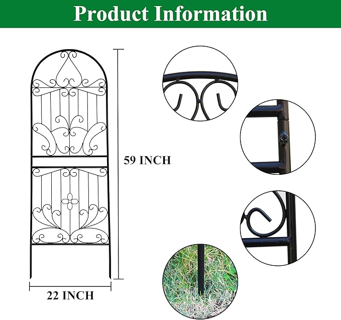 Trellis for Climbing Plants 59" H x 22" W Metal Unique Design Decorative Garden Structure Weather-Resistant Lattice Outdoor Decor Flowers Roses Vine Ivy Clematis Black Coating 1 Pack