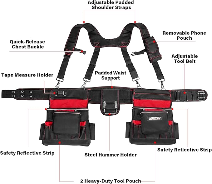HAUTMEC Professional Tool Belt with Suspenders, 19 Pockets, Heavy-Duty 1680D Work Belt with Adjustable Padded Waist & Shoulder Support, Phone Pouch, Hammer & Tape Holder – HT0400