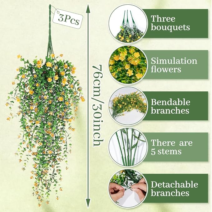 Artificial Hanging Flowers, 3 Pcs Fake Hanging Plants Decor, Artificial Vines for Outdoors, UV Resistant No Fade Artificial Plants Suitable for Indoor Decoration Outdoor Porch Courtyard (Yellow)