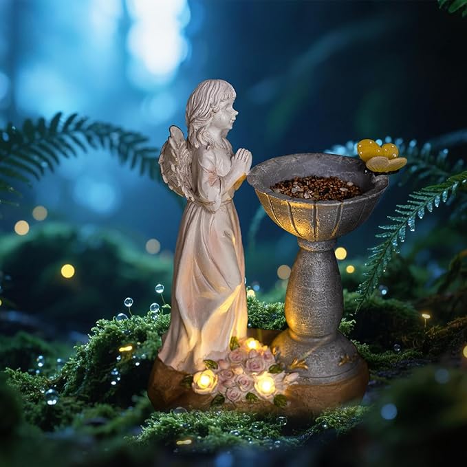 Natelf Solar Resin Angel Statue Outdoor Decor Figurine Garden Art with Glowing Flowers, Night Light for Patio, Ornament Yard Decorations for Patio Gift for Mom, Housewarming