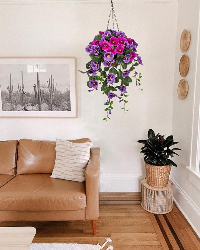 Briful Fake Flowers Hanging Basket, Pansy Artificial Flowers, Realistic Silk Spring Bloom Faux Flowers, 7 ⅞’’ Coconut Basket, for Home Farmhouse Balcony Outdoor Patio Garden Decor