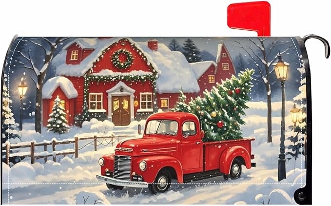 Christmas Mailbox Covers Magnetic Standard Size Red Truck House Xmas Winter Scene Mailbox Wraps Holiday Themed Outdoor Decorative Letter Box Cases for Home Garden Outside Decor, 21x18 Inch