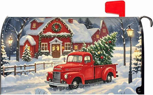 Christmas Mailbox Covers Magnetic Standard Size Red Truck House Xmas Winter Scene Mailbox Wraps Holiday Themed Outdoor Decorative Letter Box Cases for Home Garden Outside Decor, 21x18 Inch