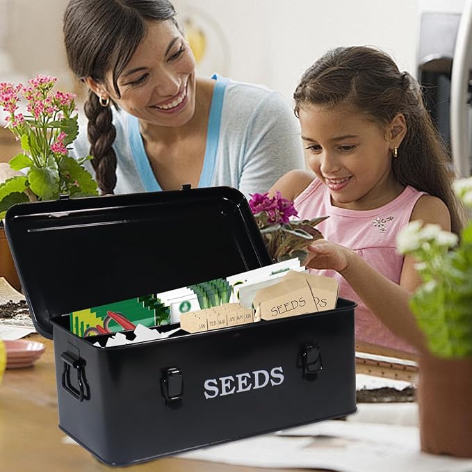 Garden Seed Box, Black Metal Seed Storage Box, Seed Storage Organizer Case with 4 Dividers, Seeds Packet Container for Gardening, Seed Envelope Storage Box with Portable Handle & Safety Lock