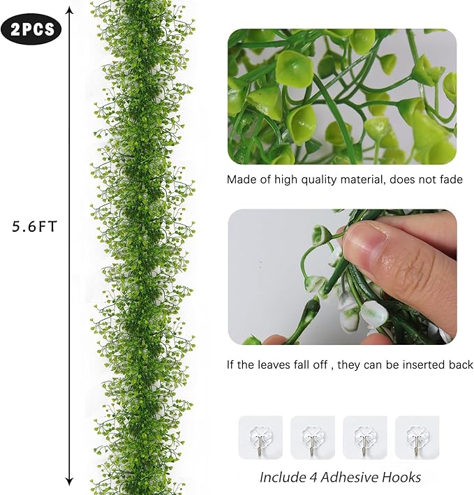 RECUTMS Artificial Hanging Plant 2Pcs 5.6Ft Fake Garland Plant Greenery Faux Ferns Leaves Ivy Garland for Home Indoor Outdoor Wedding Farmhouse Mantle Table Centerpiece Party Garden Decor(Green)