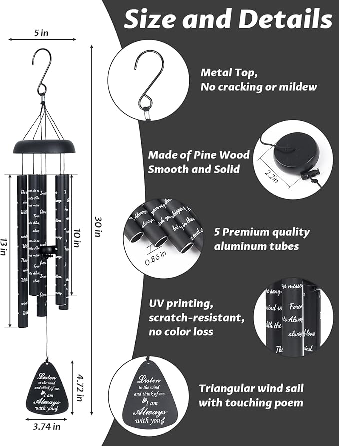 Sympathy Wind Chimes for Outside, Memorial Windchimes for Loss of Loved One Like in Memory of Mother Father Mom Dad, Bereavement Gifts Ideal for Funeral Condolence Remembrance, Outdoor Use