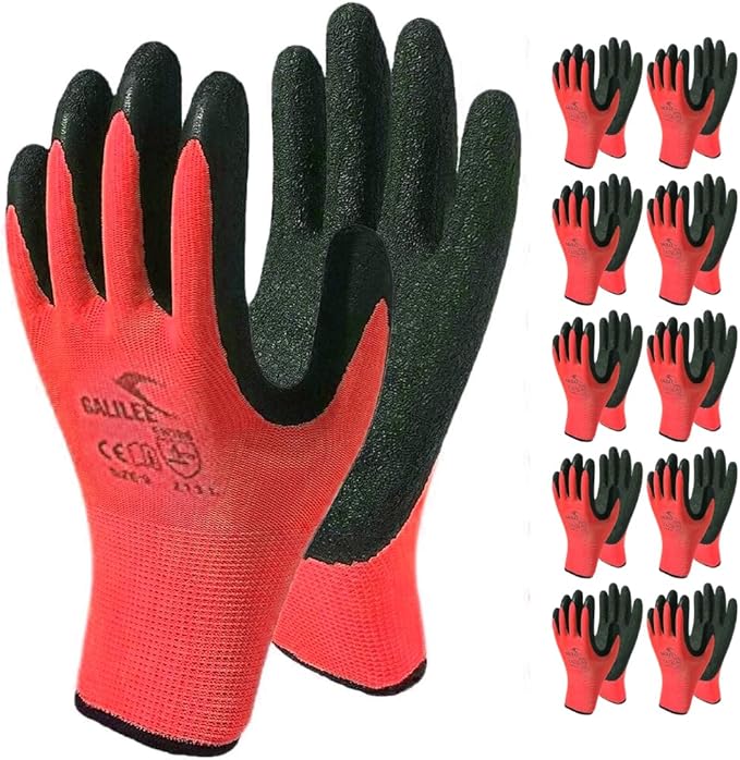 OTECKO Safety Work Gloves with Latex Rubber Coating, Non-Slip Grip, Breathable and Washable, Pack of 10 Pairs