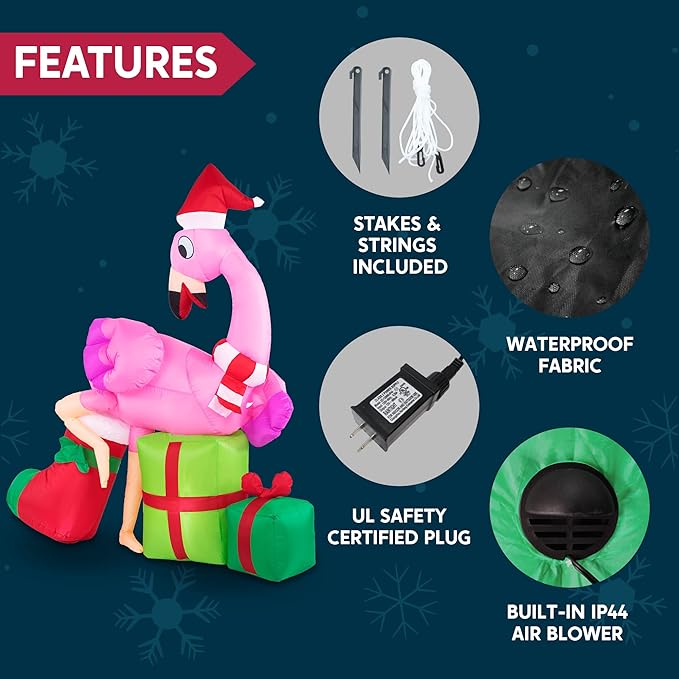 Joiedomi 6 FT Christmas Flamingo with Gift Box Inflatable Decorations with Build-in LEDs Blow Up Elegant Flamingo Inflatables for Xmas Party Indoor, Outdoor, Yard, Garden, Lawn Décor, Holiday Season