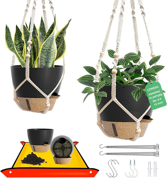 Set of 2 Hanging Planters for Indoor Plants with Self Watering Includes Hanging Pots and 2 Types Plant Hangers, Outdoor Hanging Baskets Holder for Home Garden, 10 Inch Midnight Black