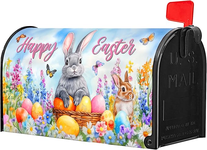 Spring Easter Magnetic Mailbox Cover Bunny Eggs Mailbox Cover Magnetic Standard Size 21 X 25.5 Inch Butterfly Flowers Mailbox Post Cover Mailbox Wraps Mailbox Decor for Home Garden Outdoor Yard