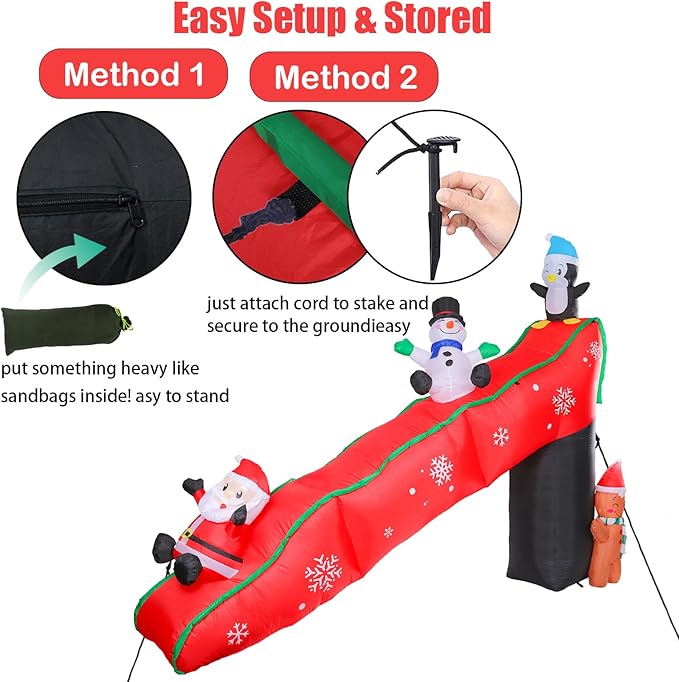 VCUTEKA Christmas Inflatables Outdoor Decorations, 9.7FT Snowy Slide with Santa, Snowman, Penguin, Gingerbread Man, Animated Christmas Inflatable Yard Decoration LED Lights for Holiday Lawn Garden