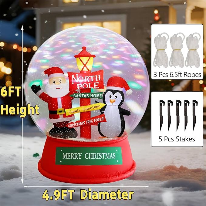 Juegoal Christmas Inflatables Decorations Outdoor, 6FT Inflatable Xmas Snow Globe with Built-in Rotating Lights, Lighted Blow Up Santa & Penguin in Snowing Globe for Holiday Winter Lawn Yard Garden