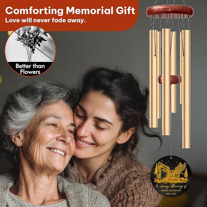 Personalized Excavator Memorial Wind Chime – “in Loving Memory” Custom Engraved Name & Years – Construction Worker Sympathy Gift – Memorial Windchime for Loss of Loved One – Tribute Garden Décor